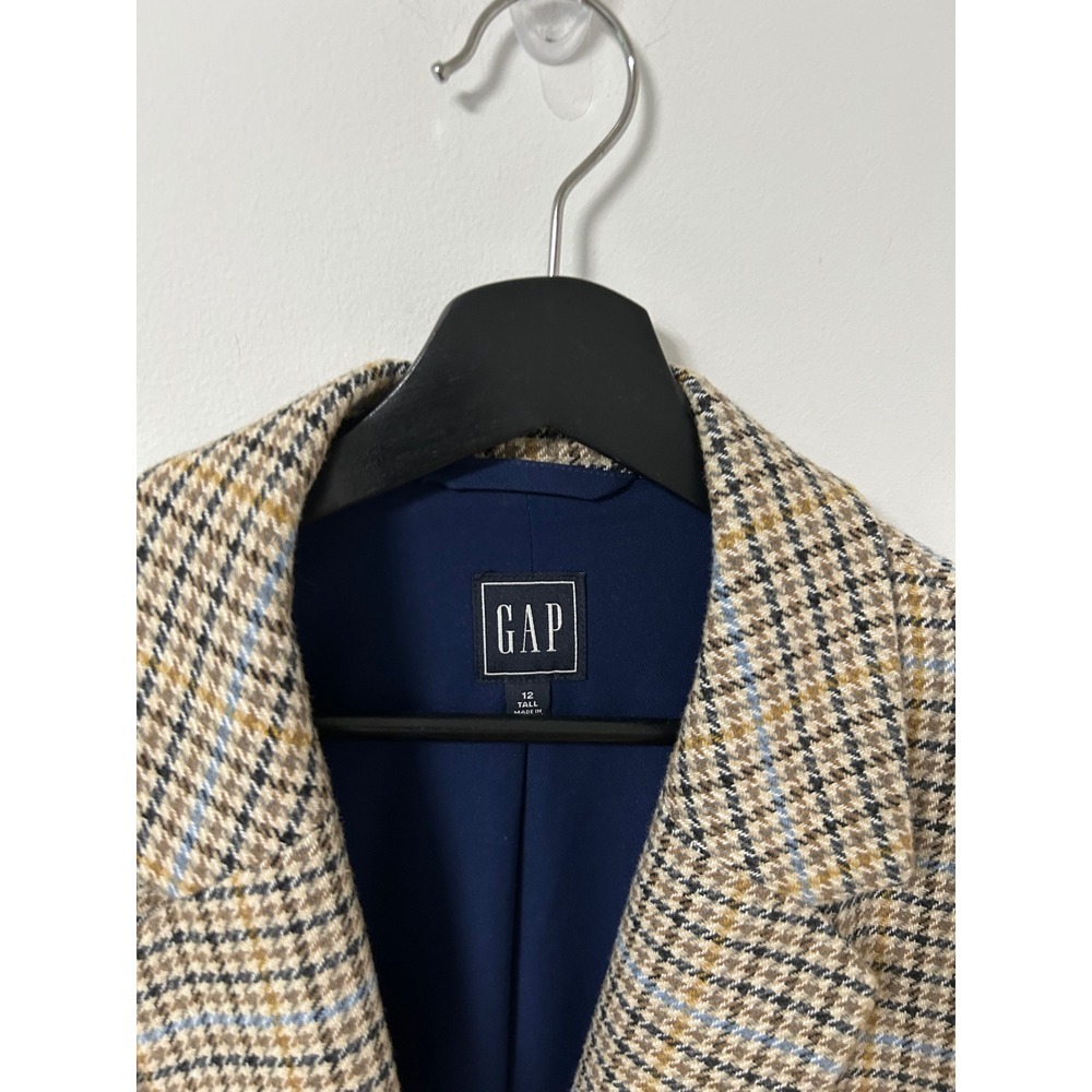 Gap Double Breasted Plaid Blazer Women 12 Tall Brown Dark Academia Houndstooth - Picture 4 of 12